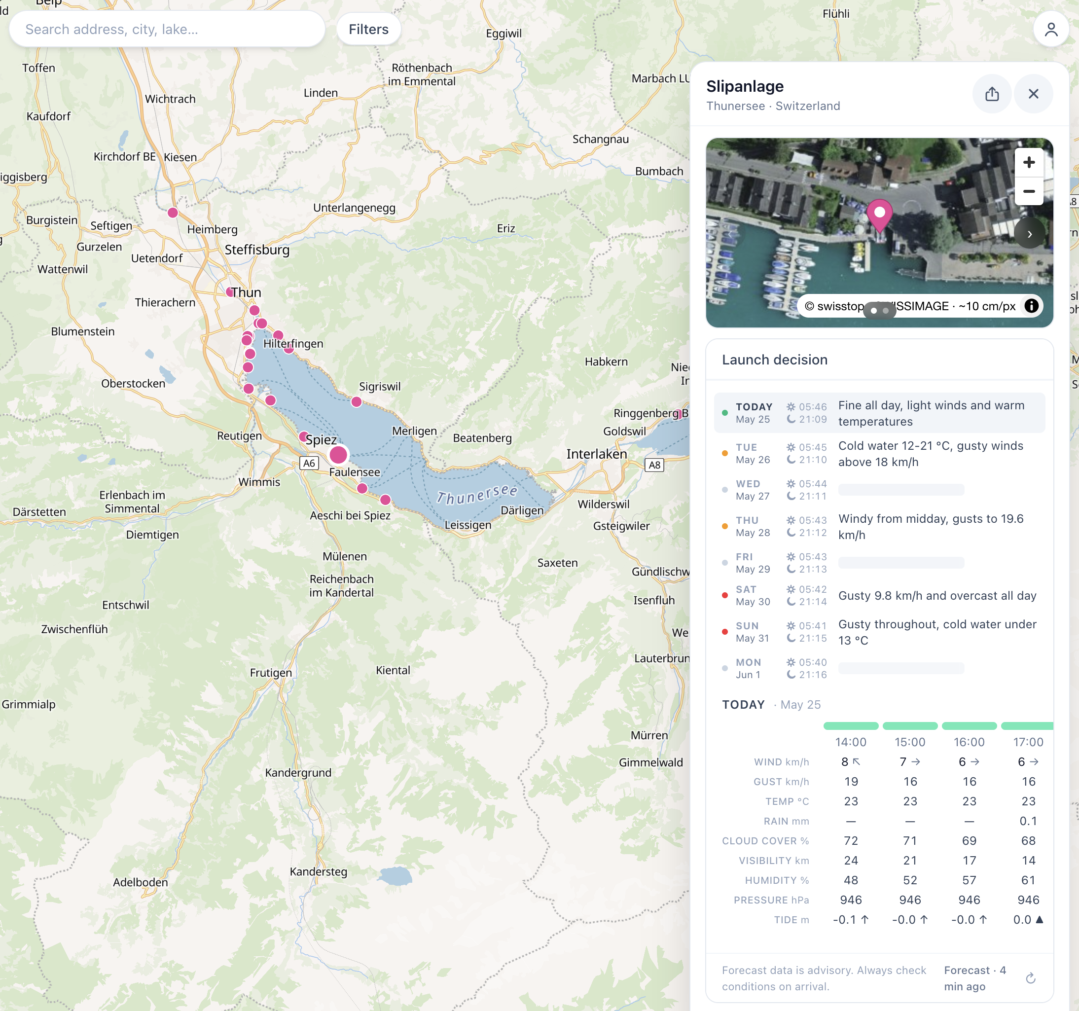 BoatLaunch app showing a ramp with satellite imagery, a 7-day AI launch verdict, and hourly weather